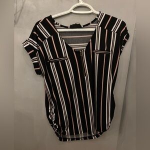 Sweet Wanderer Black Blouse with White and Pink Stripes